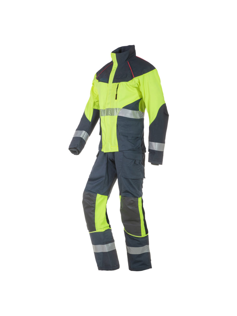 vista lateral del conjunto de rescate técnico de ropa de intervención para bomberos compuesto por chaqueta y pantalón.